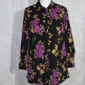 Classic Black Floral Purple Yellow Button-Up Blouse Top XL